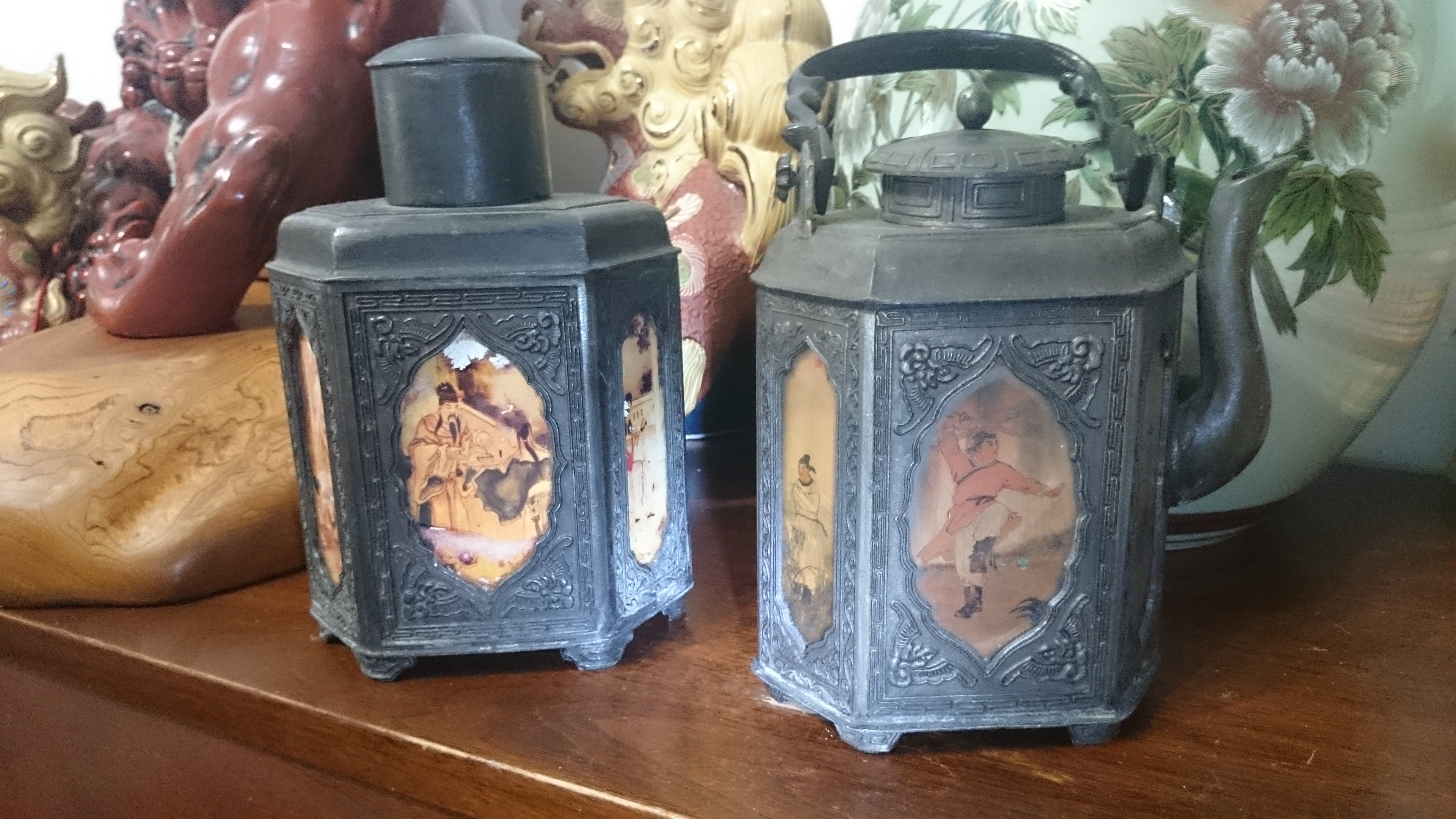 HW223 【民国 潮邑永順老店点銅真料】古錫 四面開窓亭台仕女紋錫