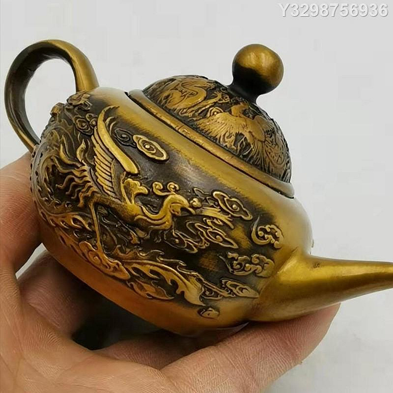 仿古水壺銅雙龍龍鳳飾茶壺工藝品擺件古玩收藏做舊雜項銅| Yahoo拍賣