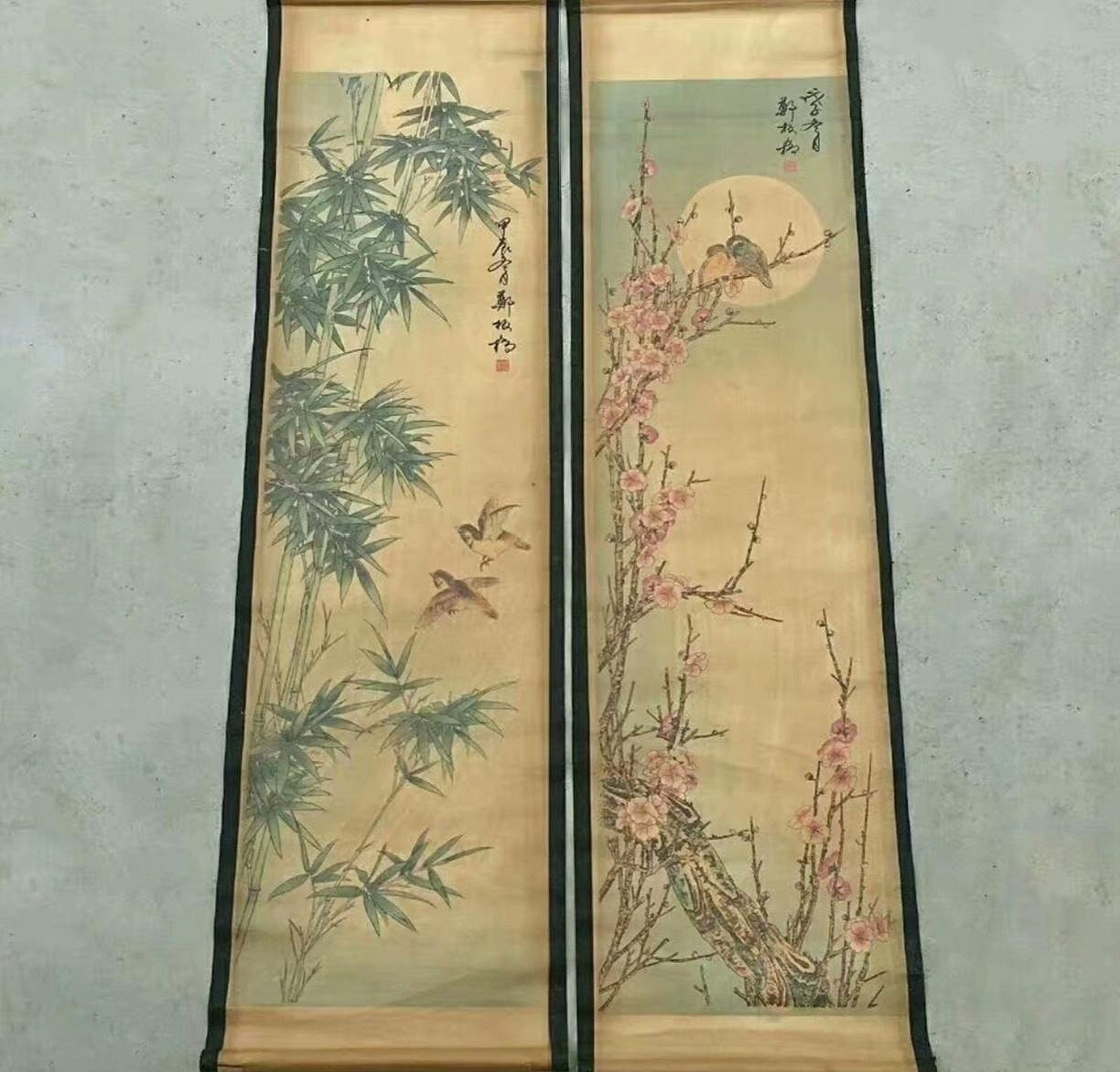 鄭板橋古畫四條屏梅蘭竹菊花鳥圖中堂掛畫客廳裝飾畫中國風印刷畫古香