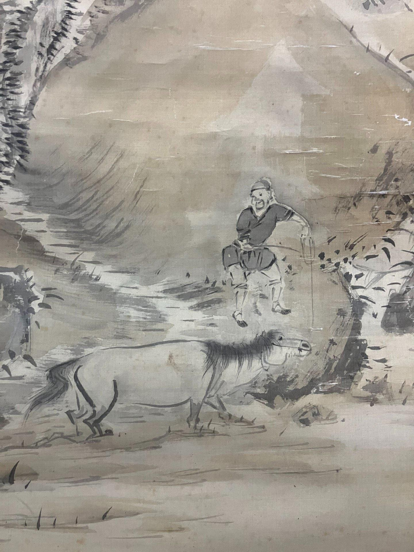 村上松堂清代中期絹本綾裱山水中堂《洗馬圖》國畫書法古玩,尺寸