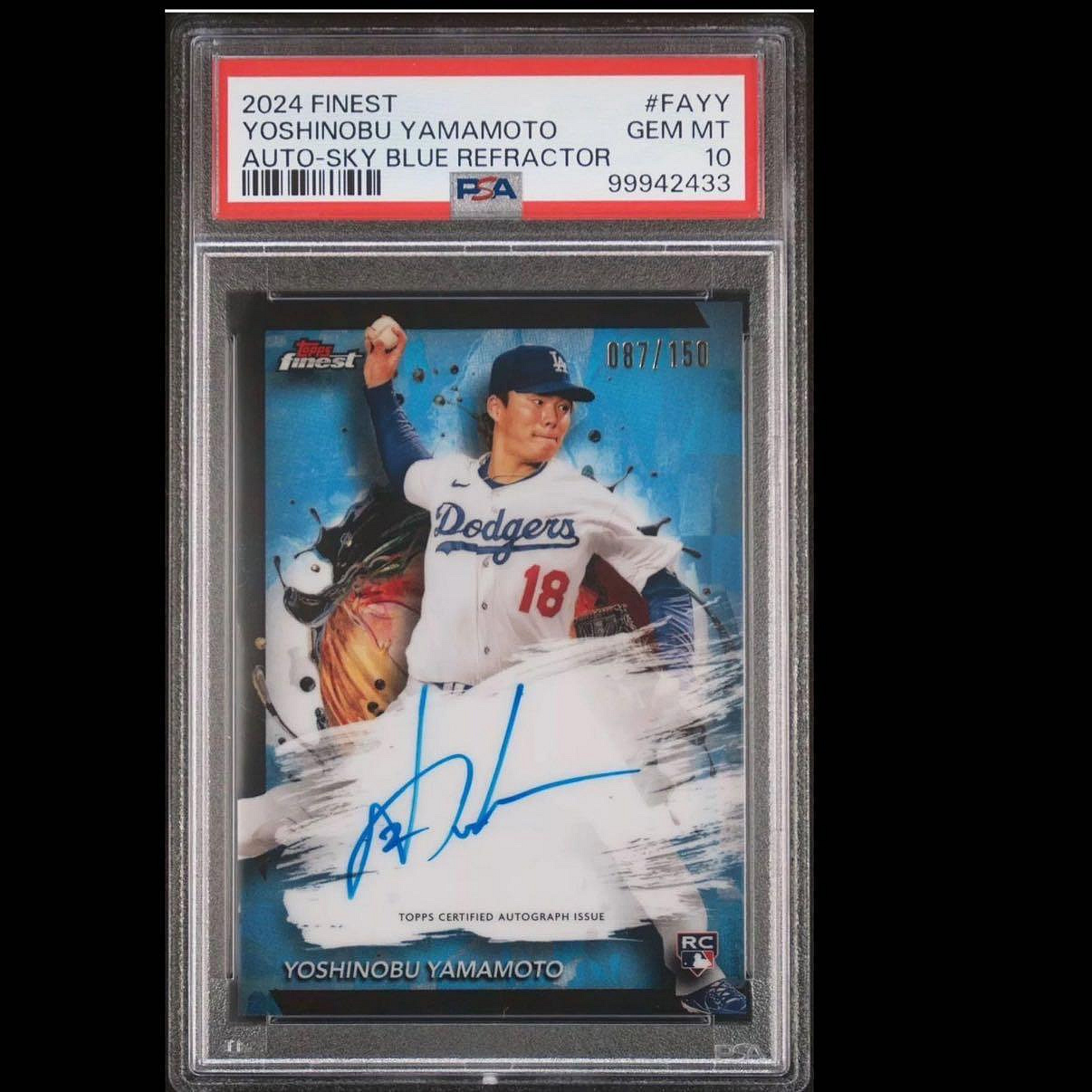 2024 TOPPS FINEST YOSHINOBU YAMAMOTO SKY BLUE AUTO /150 PSA 10
