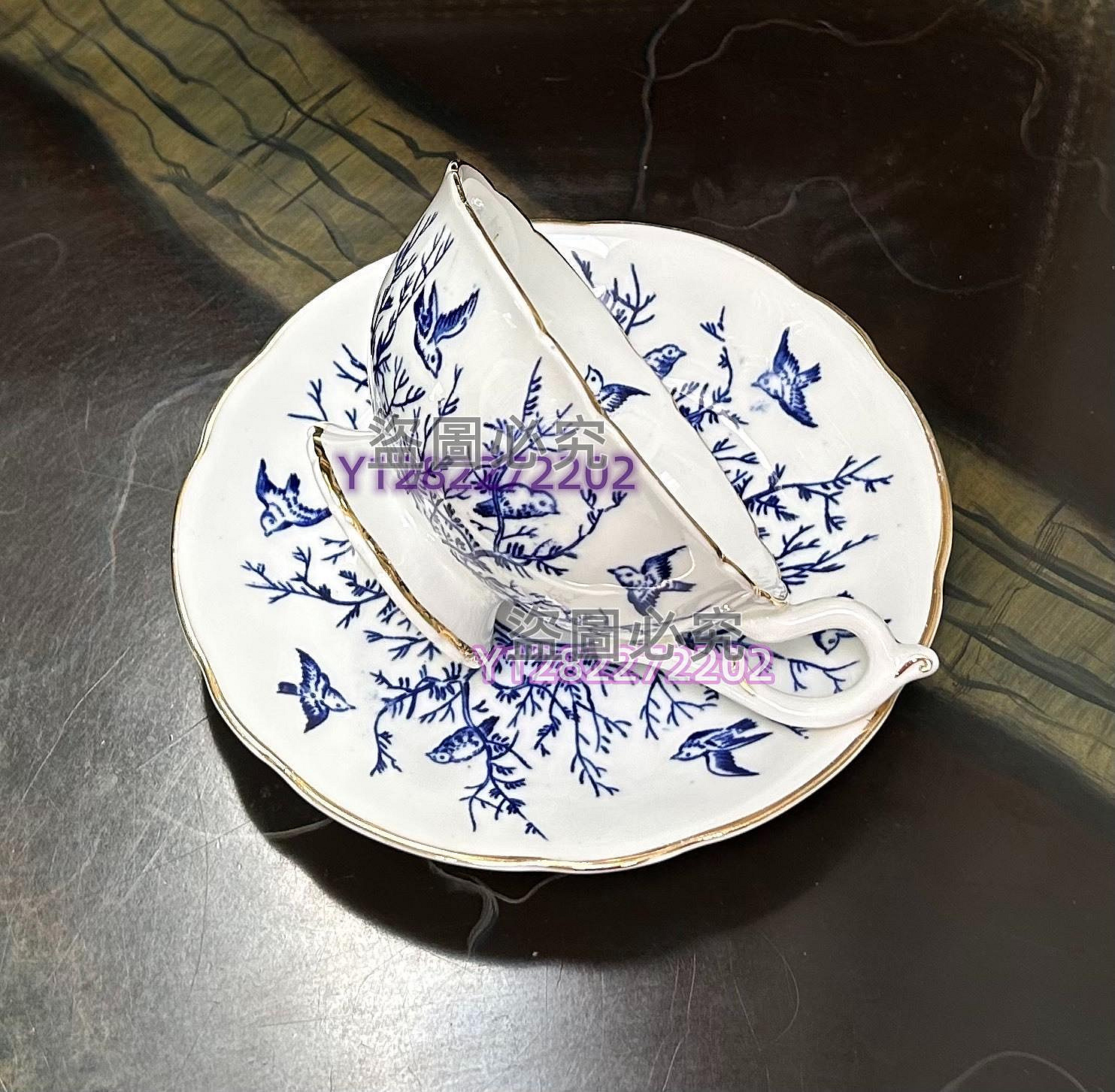 1940年代英國Coalport科爾波特藍青花雀鳥闊口編號骨瓷杯杯口直中古回流