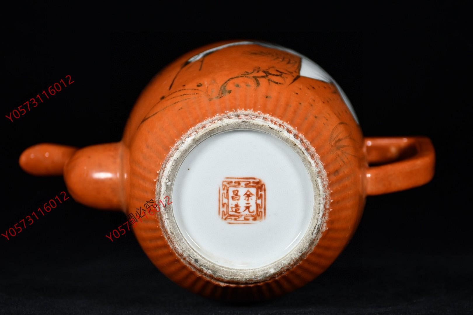 珍品旧蔵* 清 光緒年餘元昌造 礬紅釉 描金松鶴