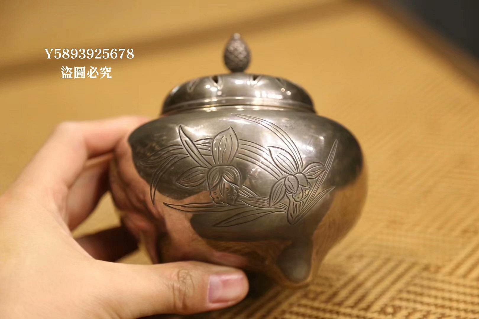 細密技巧！細工銀仕上製香炉 唐草蓋 八寶爐身 平底香爐 古道具 日本銀香爐香薰爐款識：淨益造純銀高雅氣質和濃厚文化傳統的實用