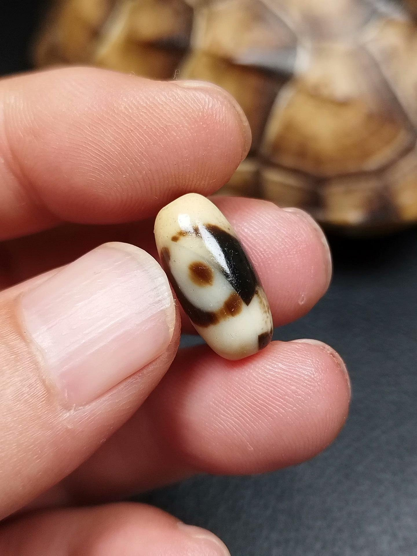 嚴選藏傳蓮花二眼天珠，瑪瑙打造，尺寸17.8X8.4，皮殼風化細膩油潤