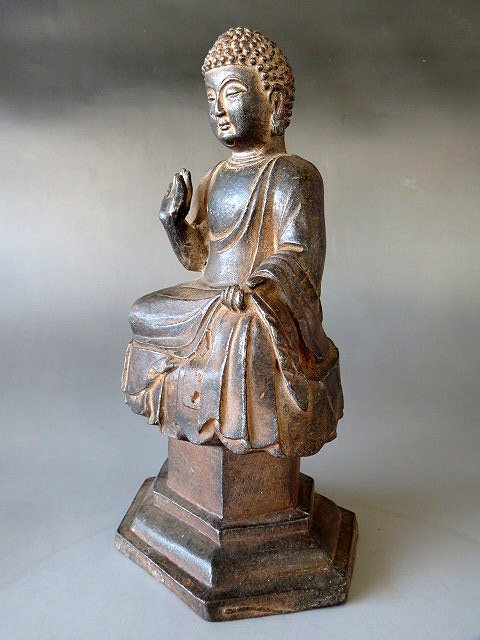 中國古董，古佛像，古銅製。 古董店旧蔵・清時代珍品・銅流金彫・大日如來仏像・古