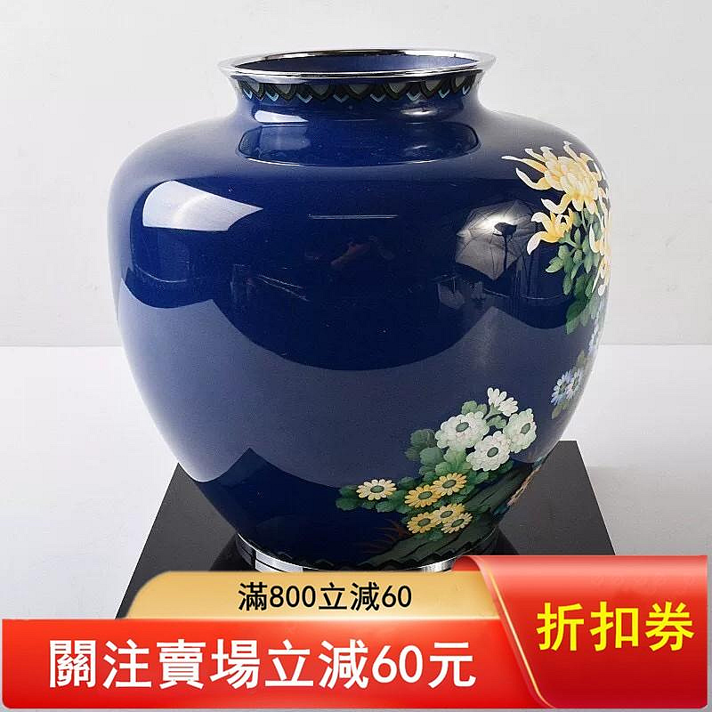 日本七寶燒銀胎花瓶安藤七寶品藍色系菊花圖案純手工掐絲高約21cm 寬約