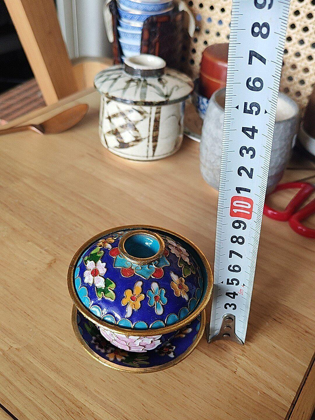 日本回流景泰藍蓋碗約8cm×9cm 藍金掐絲琺瑯花卉景德鎮製內壁光澤中古