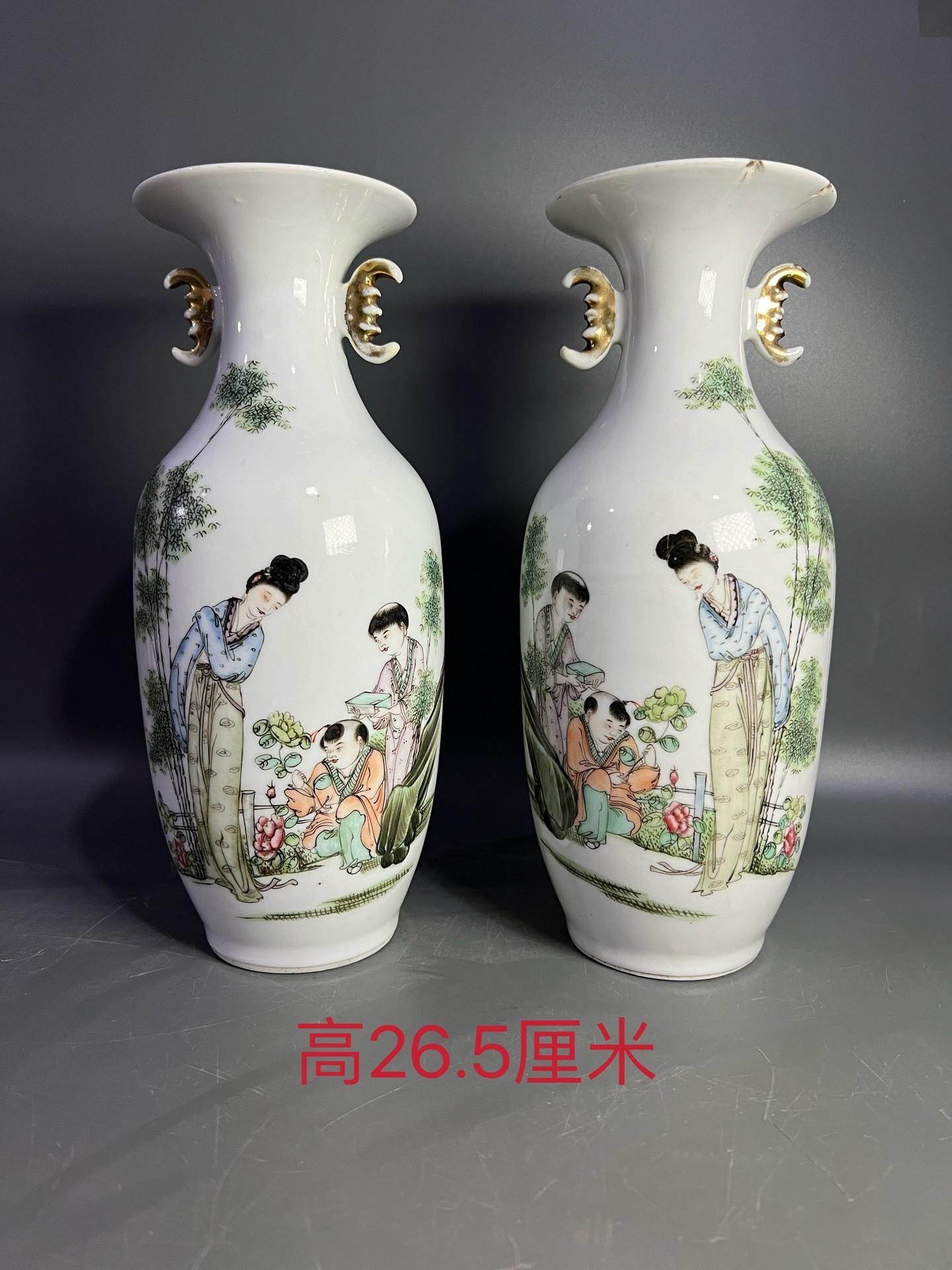 嚴選民國時期手繪桐華居瓷器花瓶，耳部以下完美好品高26.5公分琺瑯彩