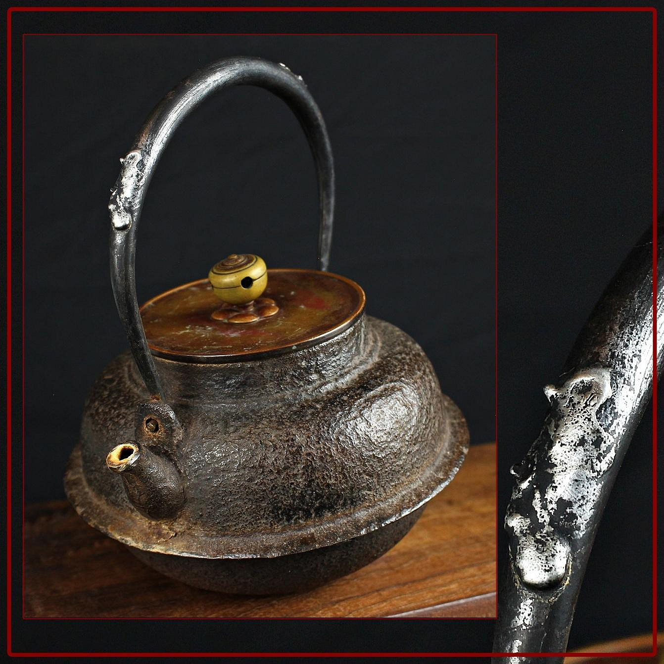 新作入荷，新品 京都 時代釜師造 銀象嵌提手 斑紫銅蓋 羽根