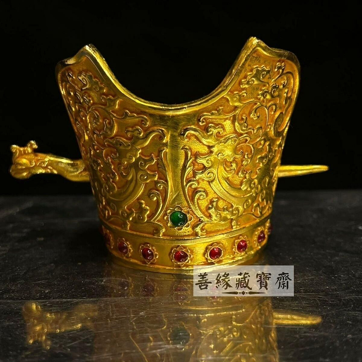 復古鎏金唐代帝王發冠雙龍鑲寶石官帽擺件15公分龍鳳發髻古風收藏精品