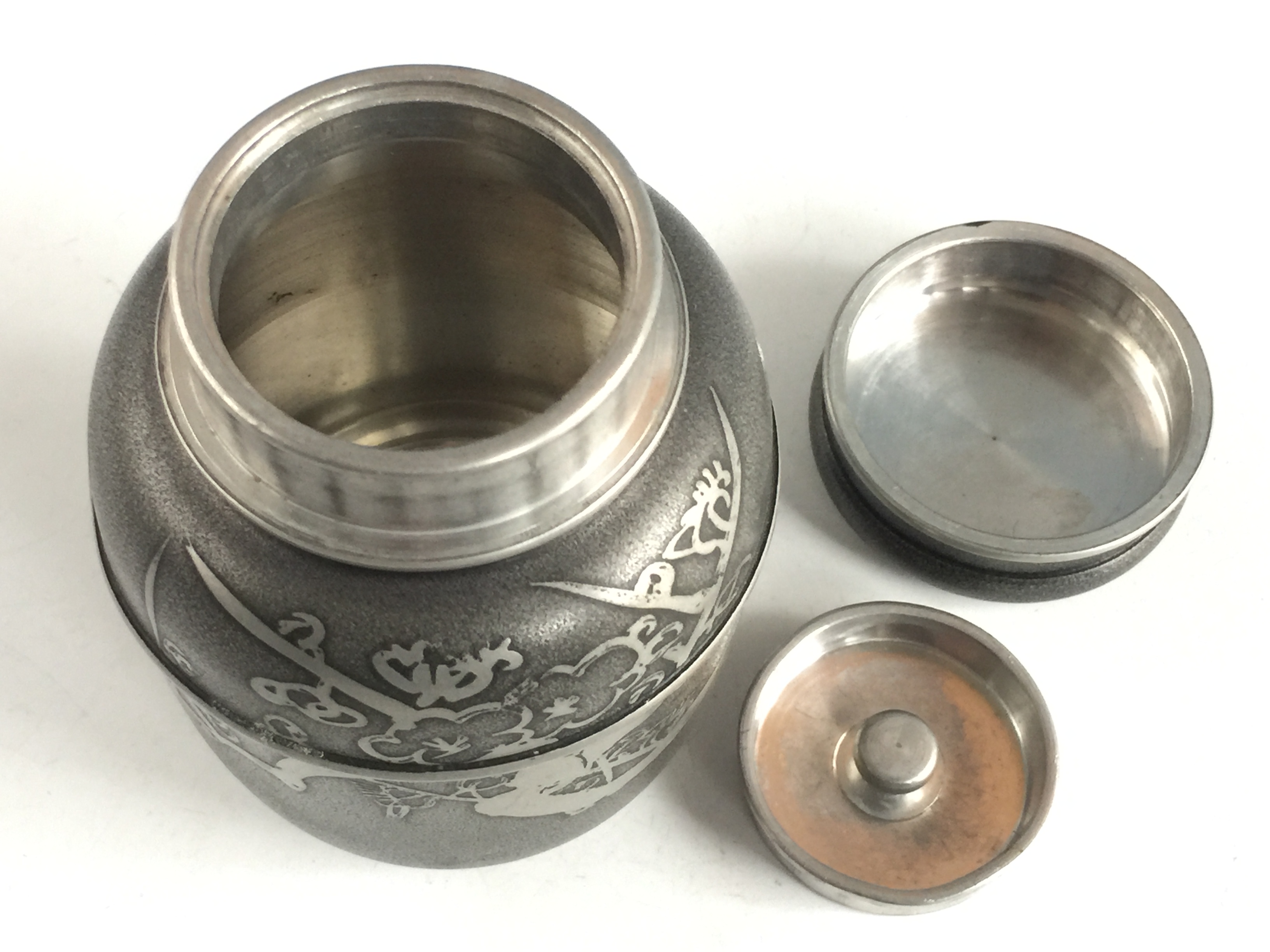 松果坊】日本煎茶道具『永信堂』造梅蘭竹菊松老錫罐錫茶入錫茶葉罐錫茶