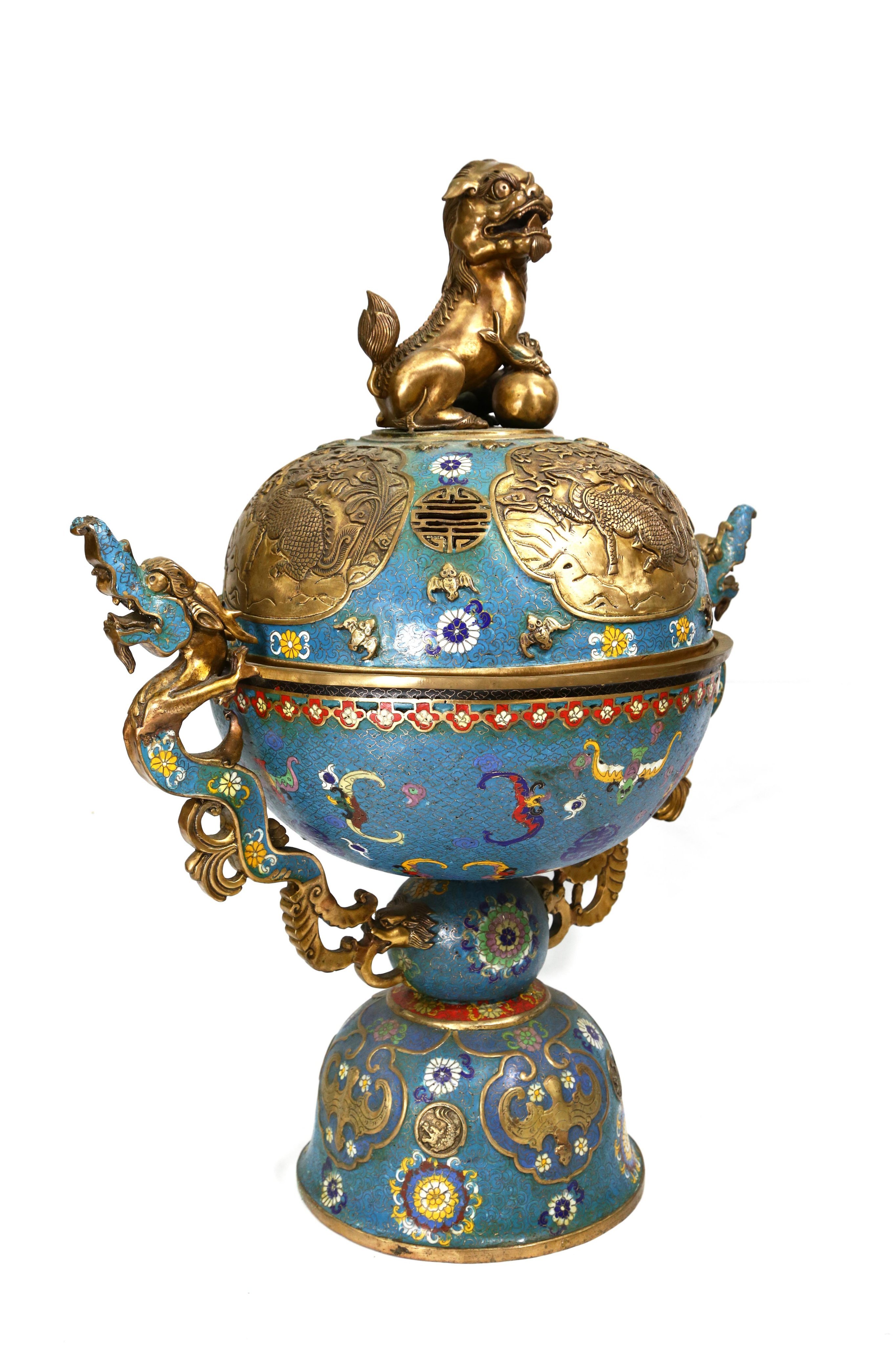 明代 淡居清玩 古銅彫 塗金鶴鹿同春紋獣足魑龍