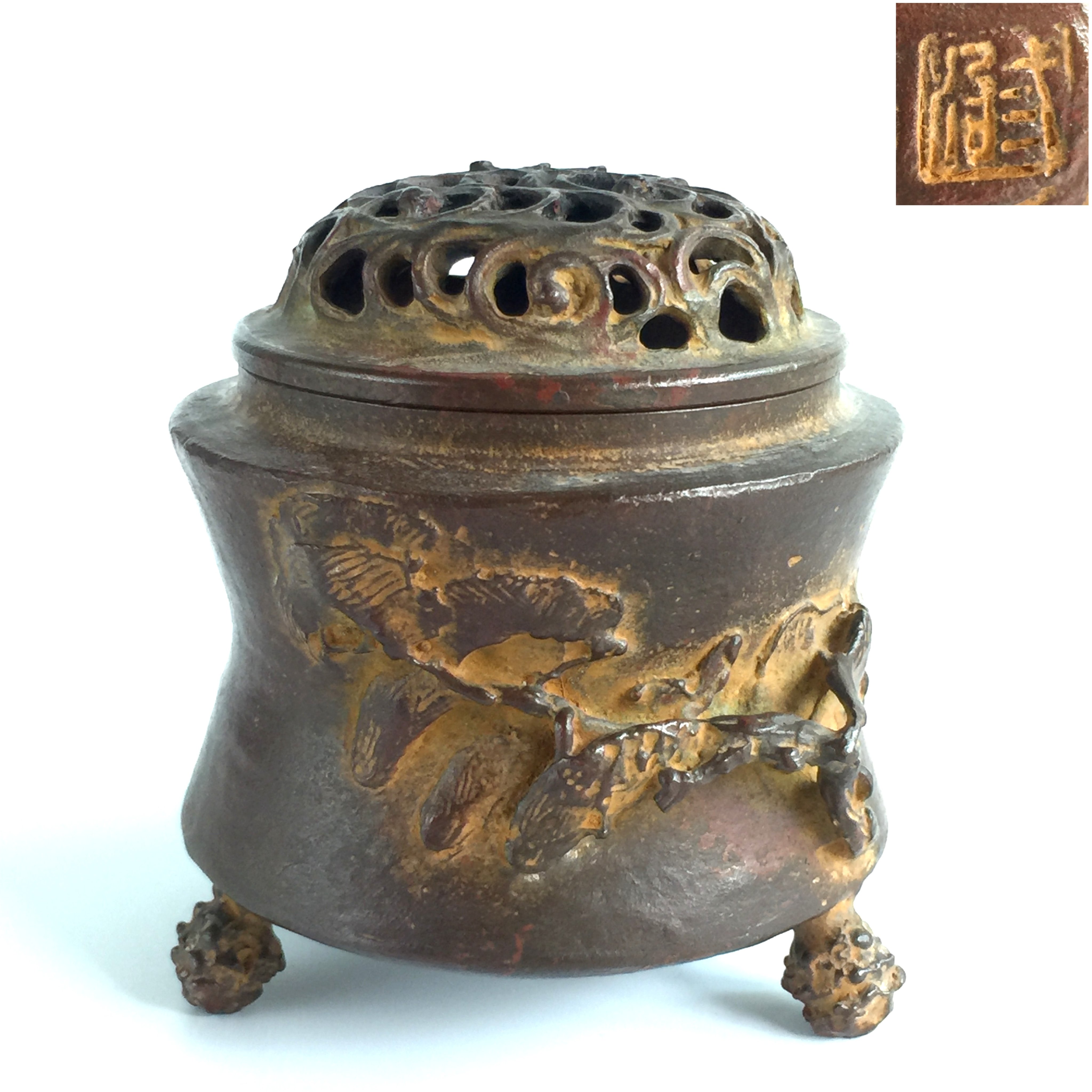 三好三治造 蝋型鋳銅香炉 松竹梅文 歳寒三友 三足 共箱　AN181　1F18 三好三治造 蝋型鋳銅香炉 松竹梅文 歳寒三友 三足 共箱AN1811F18