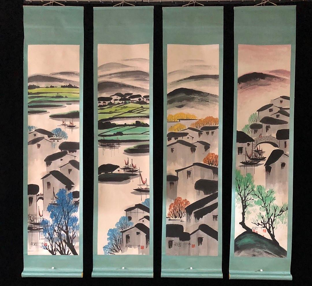 41【吳冠中】風景，純手繪四條屏裱好尺寸高x寬：187x42cm 、畫芯尺寸高