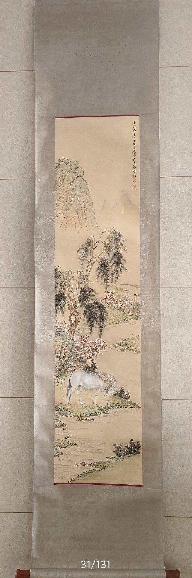 近代馬晉精品駿馬圖軸，宣紙製作，附原裝軸套，家中閒置字畫處理，近