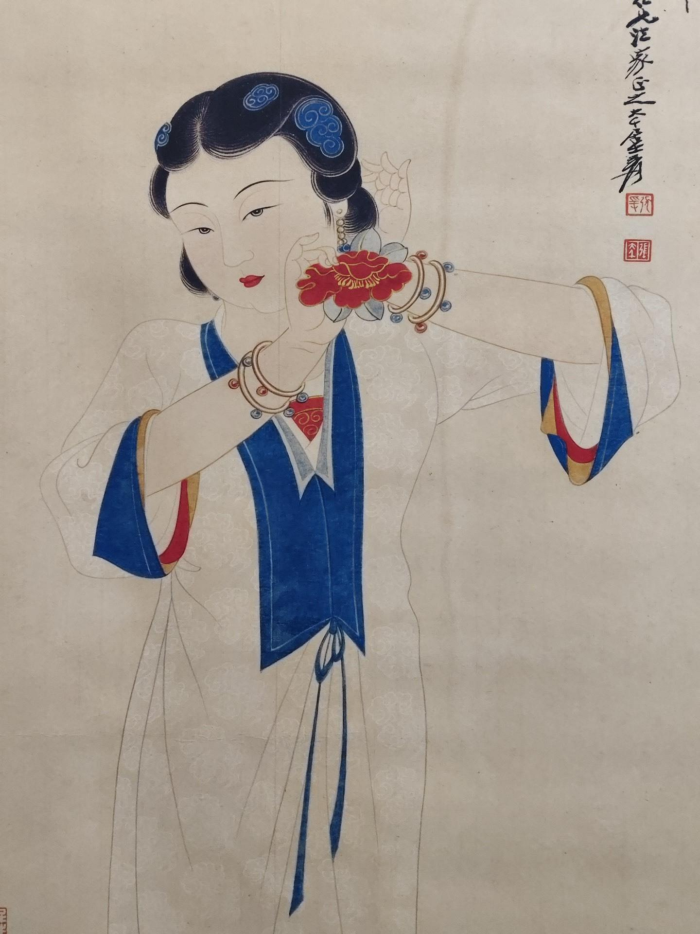 旧蔵　名家 張大千 美人図　氏の書掛け軸　卷绘　領収書付き ◇旧家買出品◇E796中国古書道◇張大千 維揚勝景図 掛け軸 書画立軸