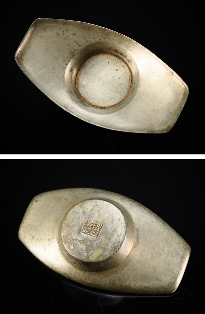 日本茶托】大師『沈存周』古錫茶托角印古錫製舟形茶托x五客☆附
