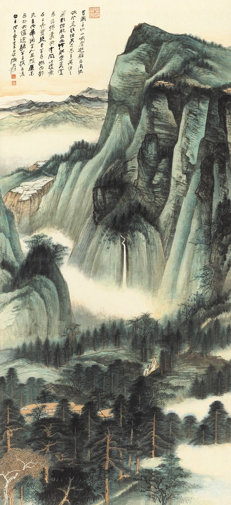 水墨画　掛軸　峨眉雲霭図 謝光力画　中国　絵画　山水　張大千大風堂　カラー 水墨画 掛軸 峨眉雲霭図 謝光力画 中国 絵画 山水 張大千大風堂