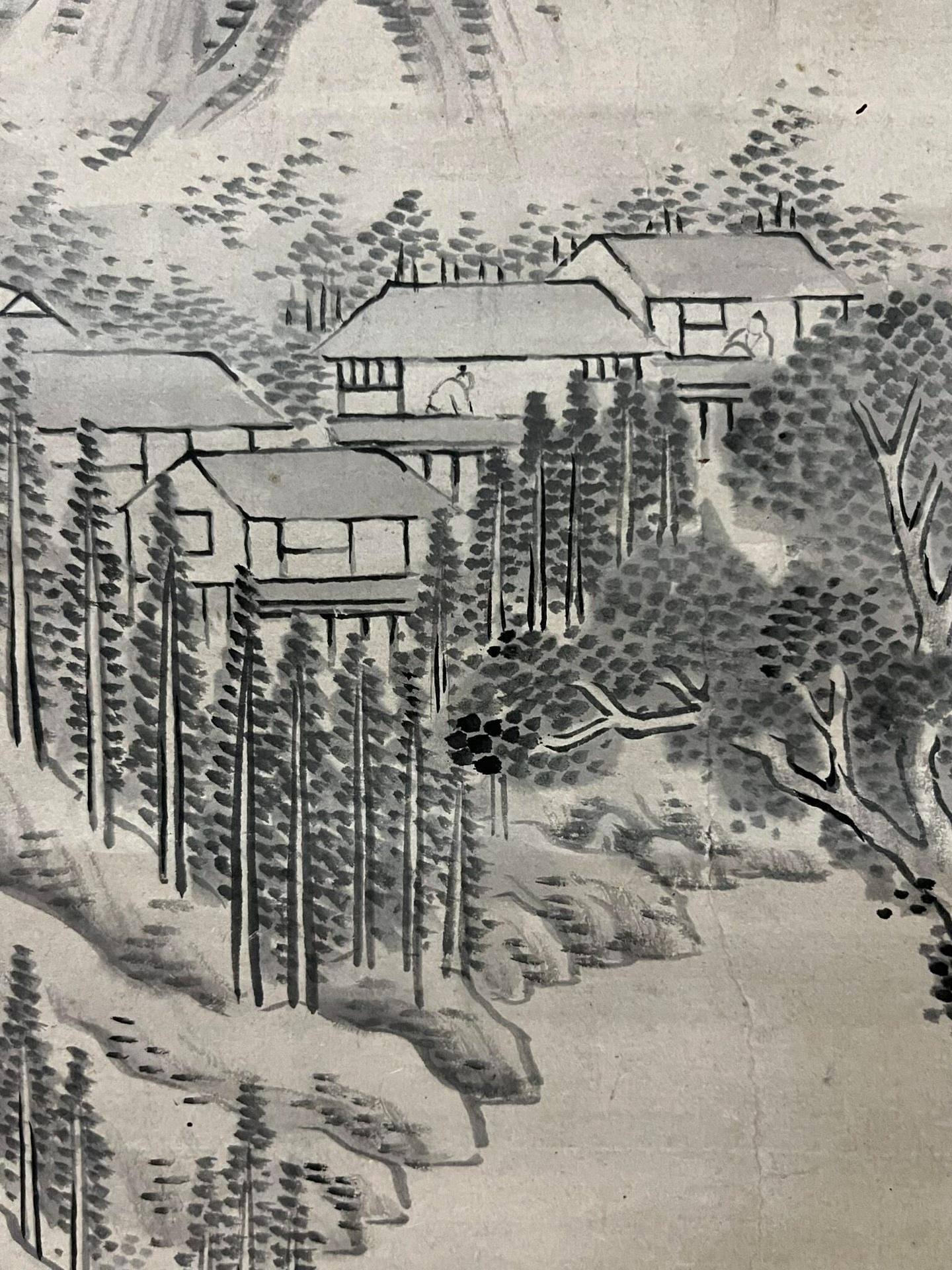 愛新覺羅永溶 作 【茅亭綠陰】 青綠山水畫卷 肉筆真作(S-3) 愛新覺