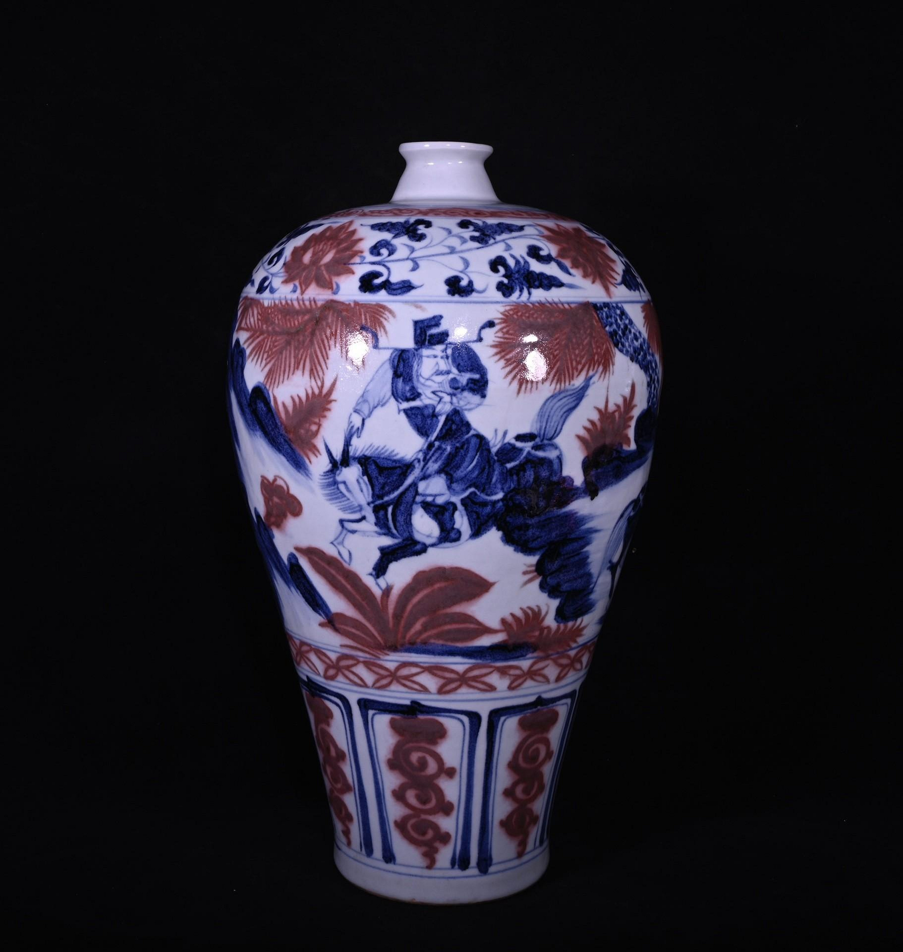 中国古美術✦青花釉裏紅捏花蕭何月下で韓信を追う梅瓶✦文房具・純手描き・陶芸・花瓶 可議價元代白滸孤窯款青花釉里紅蕭何月下追韓信人物故事紋梅瓶，高42