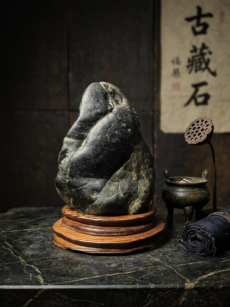 早期天然原石- 花東黑透青金瓜石/奇石/#01（附底座） (招財/風水/擺件