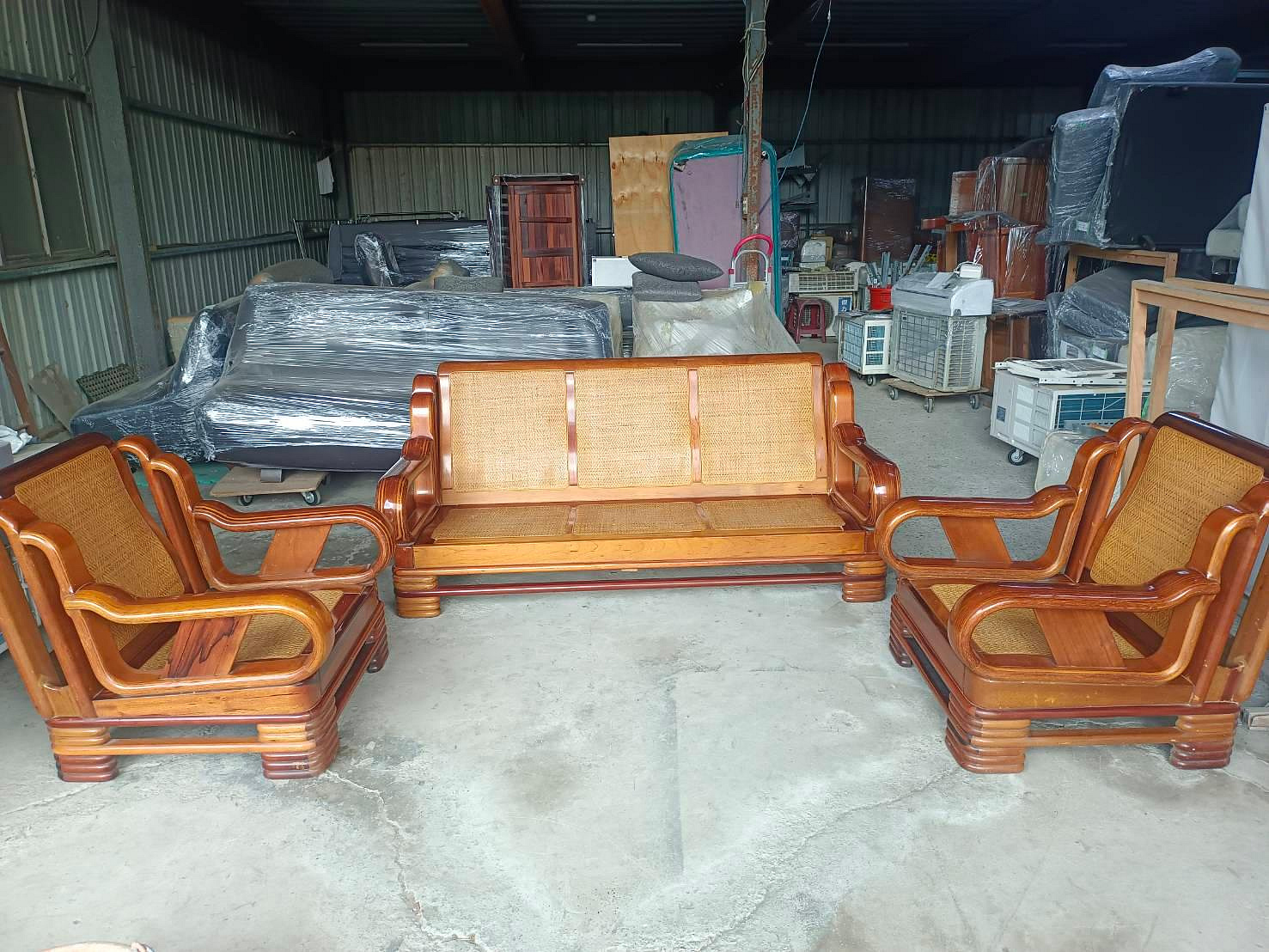 木製古家具 尚典中古家具】柚木色3+1+1木藤椅中古.二手.木藤沙發組.客廳沙發組