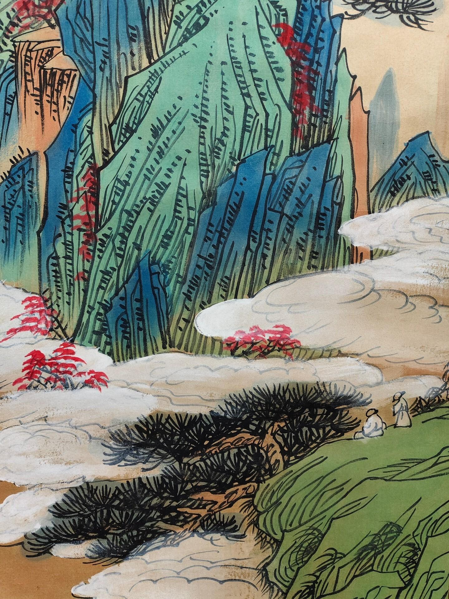 鄉下收來的老畫四尺中堂畫張大千山水（松壑鳴泉）手繪，實物拍攝，材質