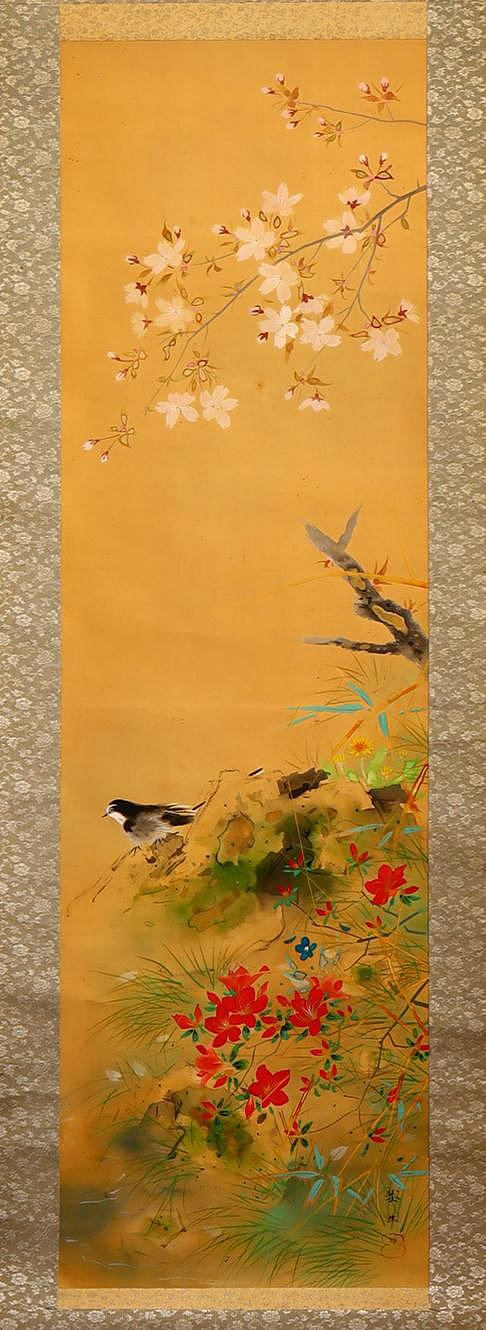 5/14結標帝展名家北上聖牛款絹本春麗自題原供箱PCF0524 -軸畫茶掛書法