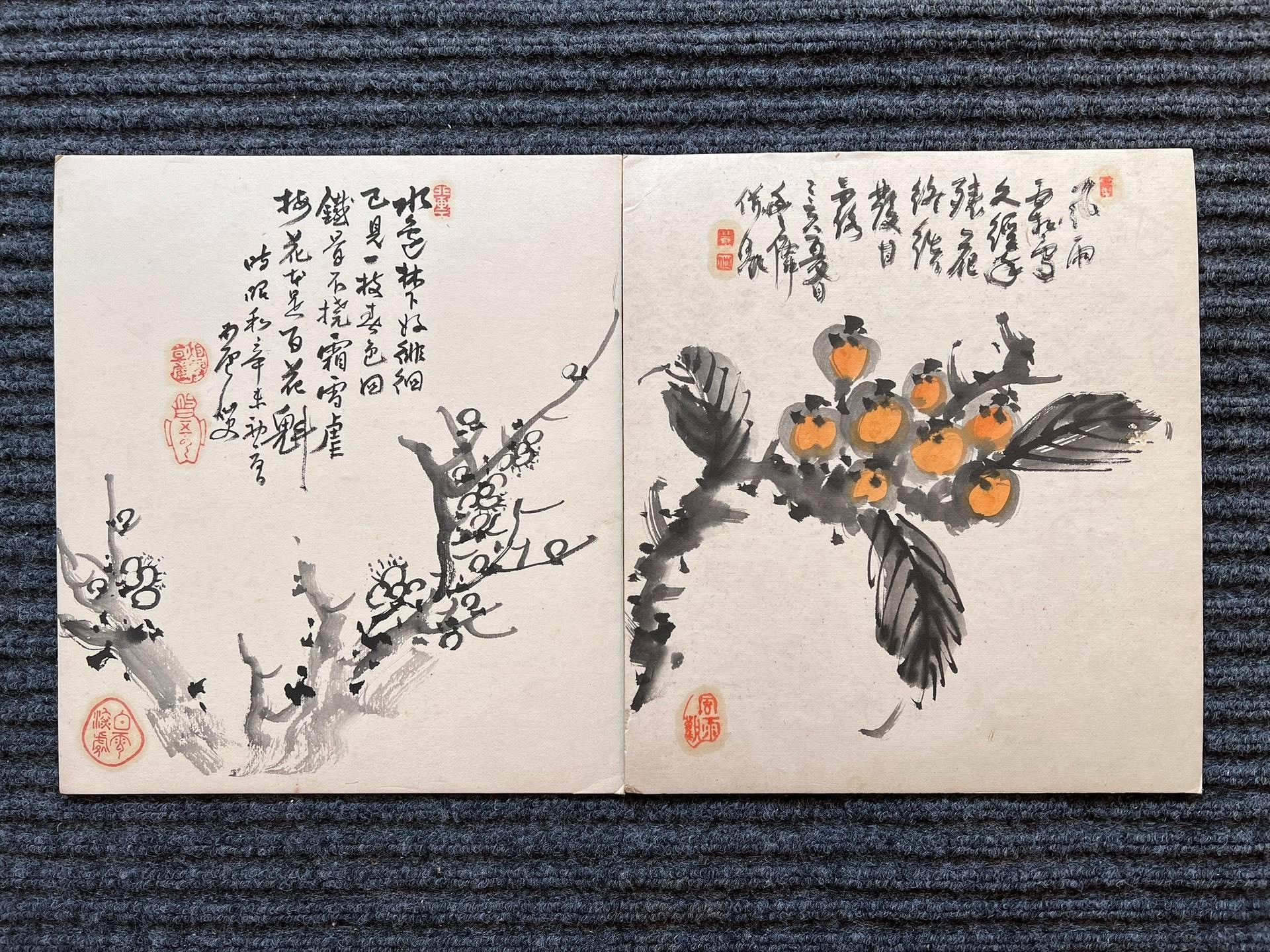 嚴選日本古董國畫“枇杷梅花”色紙藝術品，年代久遠款：豐仙、五雲叟創作