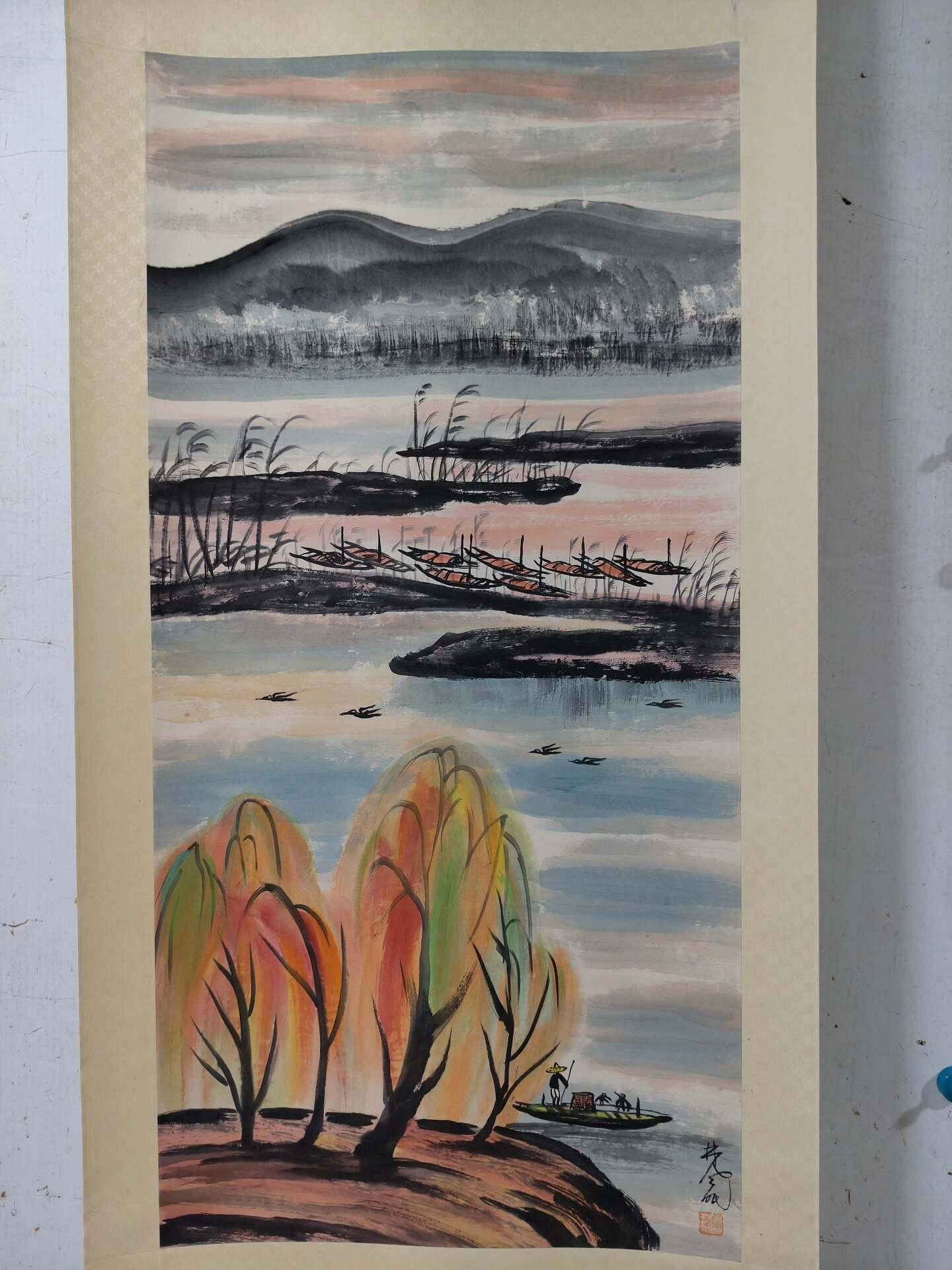 嚴選林風眠手繪山水畫，立軸精裱藝術珍品，尺寸98x48公分經典作品壞作