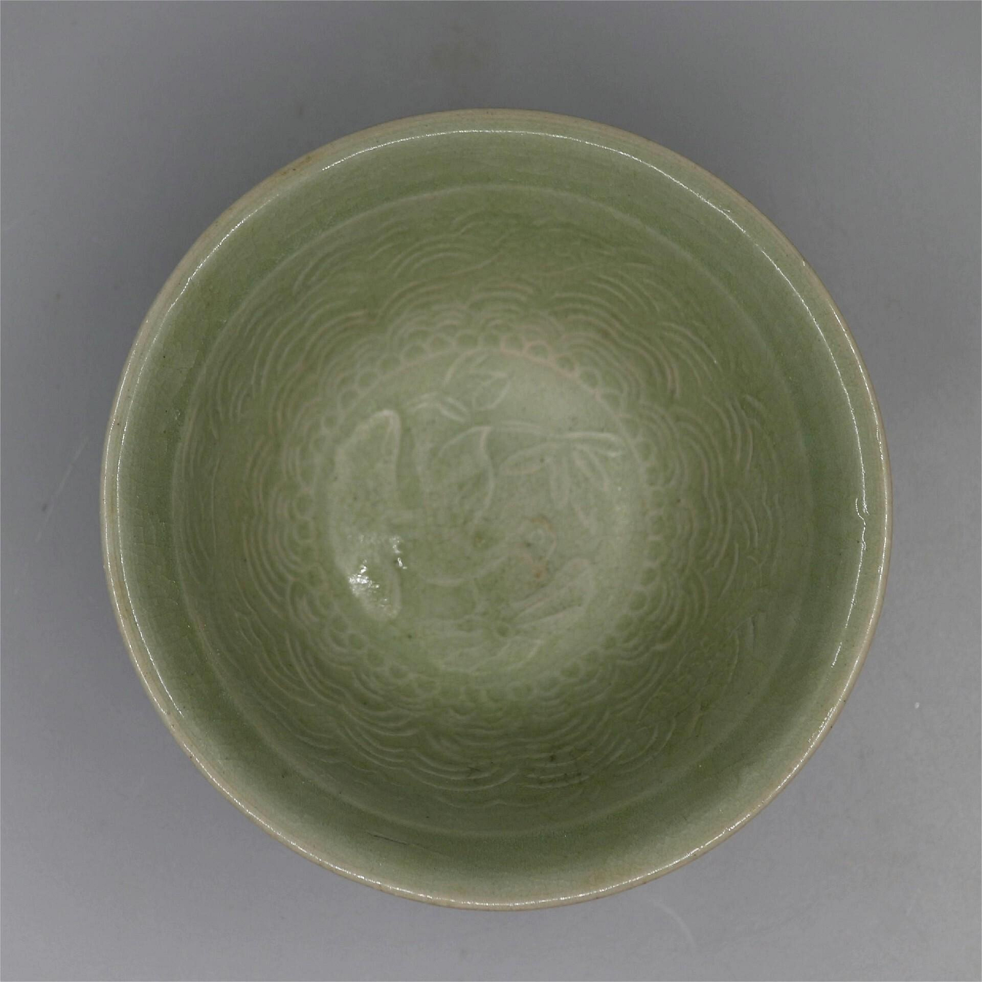高麗青瓷印花斗笠碗高古瓷宋瓷老窯青瓷茶道具直徑12.5厘米窯址貨不影響