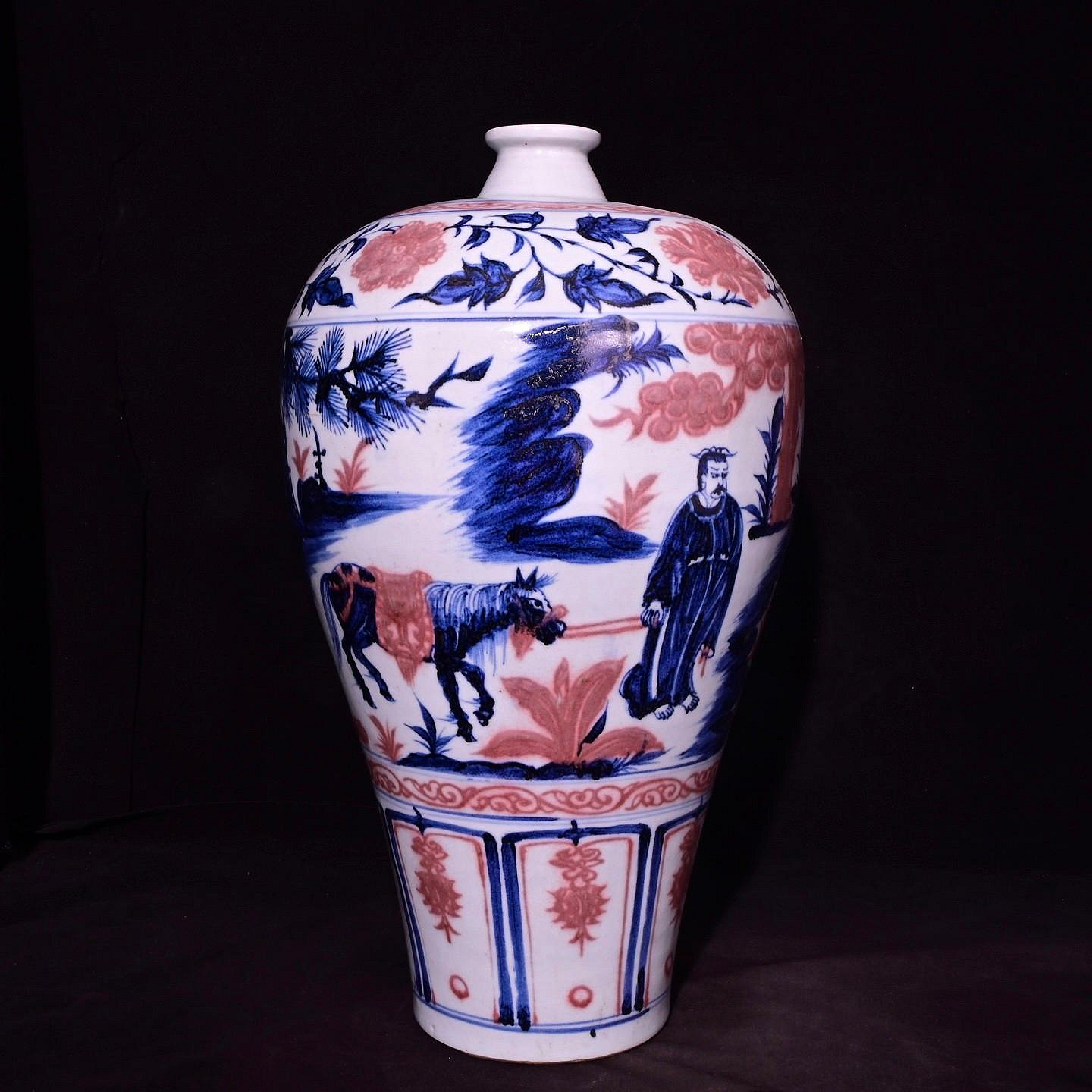 中国古美術✦青花釉裏紅捏花蕭何月下で韓信を追う梅瓶✦文房具・純手描き・陶芸・花瓶 元白滸孤窯款青花釉里紅蕭何月下追韓信人物故事紋梅瓶，高44.5×25厘米