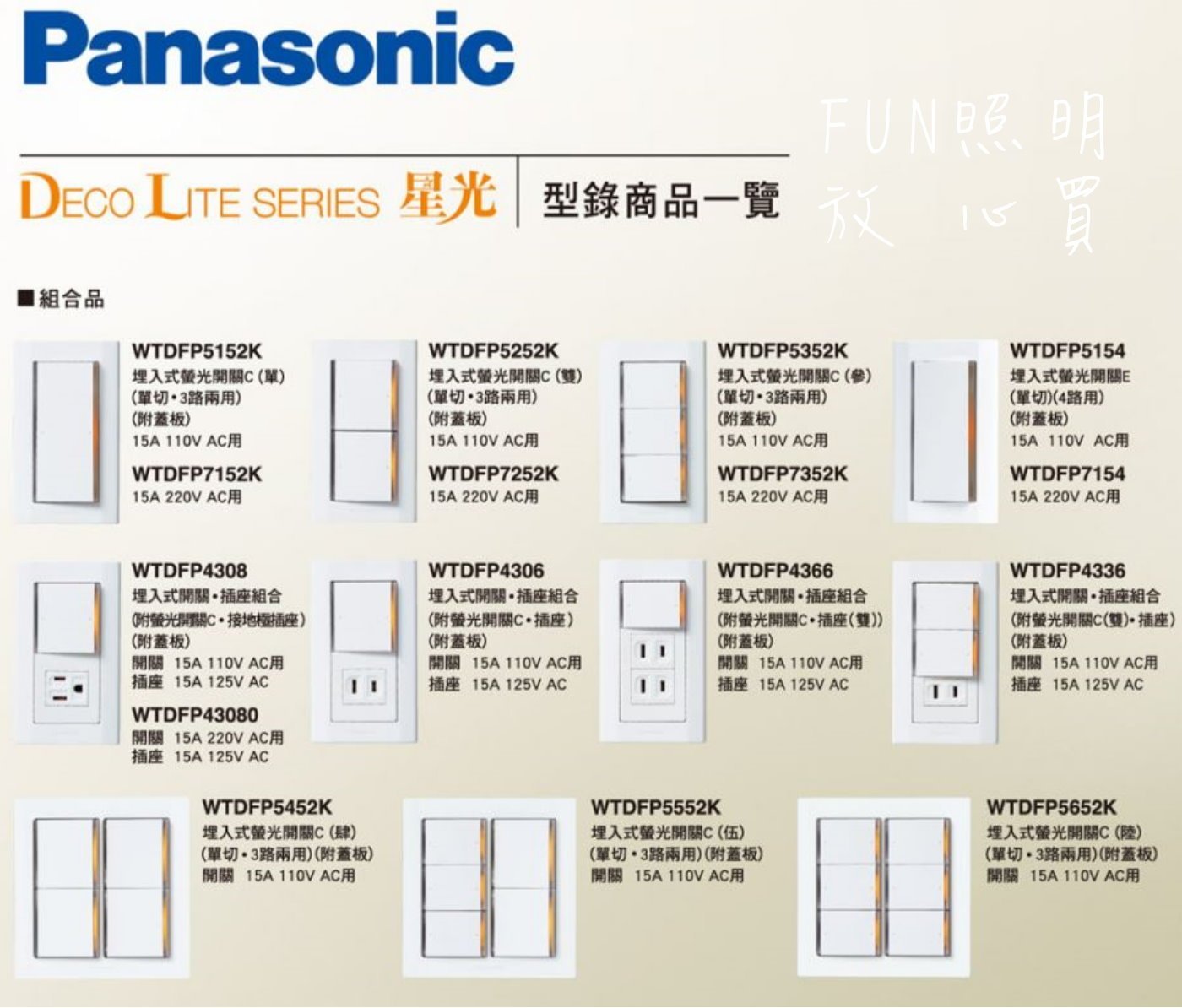 Fun照明]國際牌Panasonic 星光系列埋入式大面板螢光三切開關三開含蓋板WTDFP7352K 220V | Yahoo拍賣