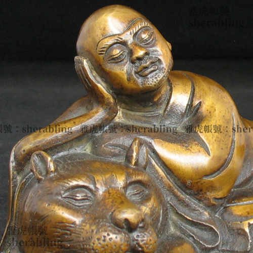 RELI-G_063)伏虎臥虎羅漢擺件風水居家用品羅漢銅器擺件伏虎羅漢銅佛像 