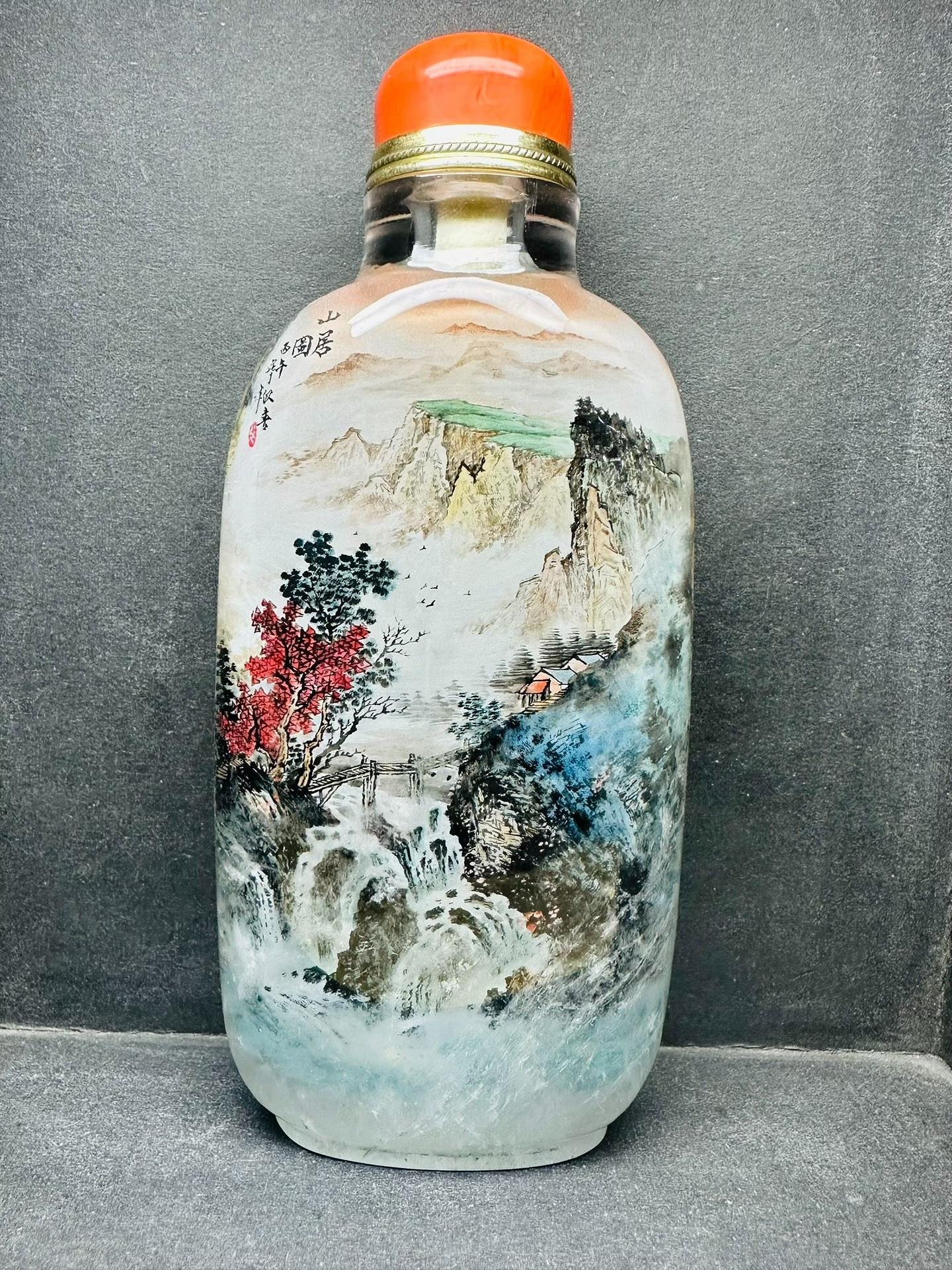 天然水晶內畫鼻煙壺名家山水手繪作品用色漂亮山水意境結合水晶創作尺寸