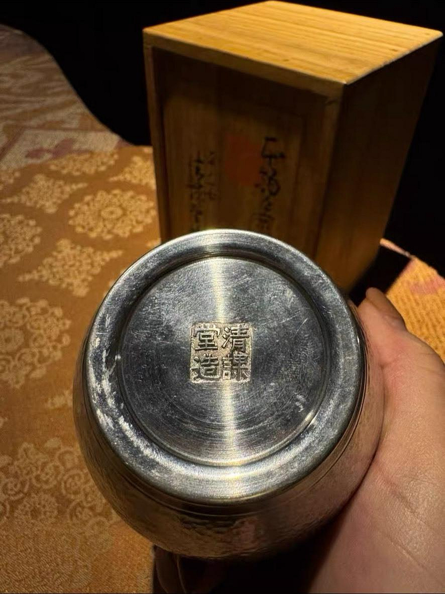 日本京都平安清課堂錫罐茶具錘紋工藝8cm高302g舊藏品相極佳錫罐中古品
