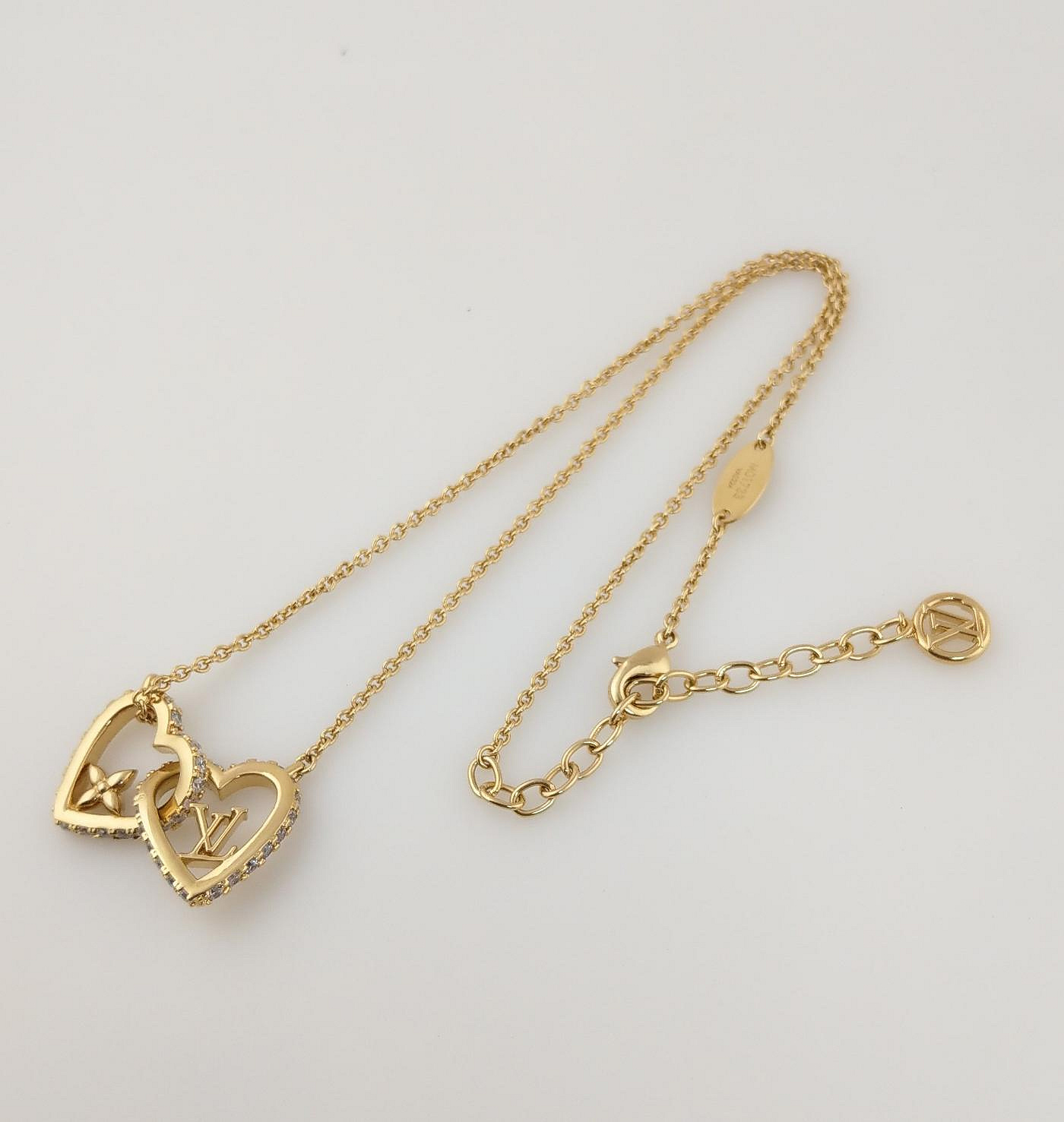 可缐上無息分期刷卡）LV M01733 my Lv love 雙愛心水鑽項鍊金色