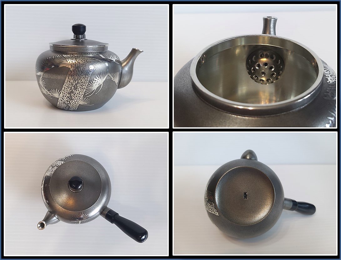 勇福堂》】日本茶道具－大阪錫器本錫款【老松圖騰紋純錫側把茶壺、急須