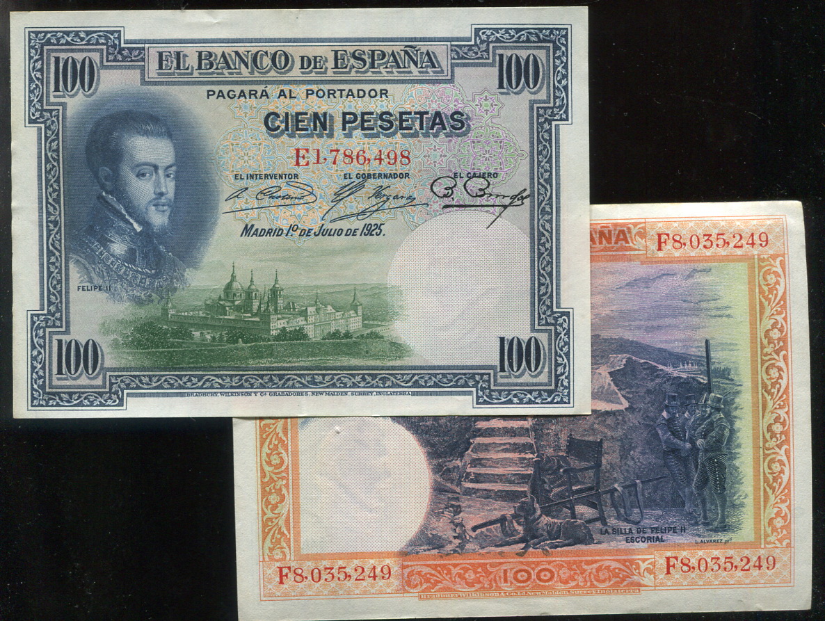 紙幣】SPAIN (西班牙) ，P69c , 100-PTA , 1925 ,品相9新AU #202446 | Yahoo拍賣