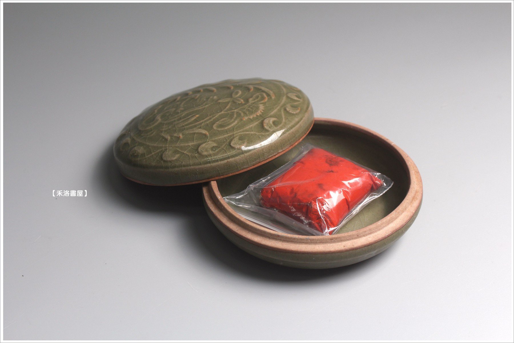 禾洛書屋】A.025宋耀州窯《青釉刻花草紋》(11cm)印泥盒/印缸/香盒/盤