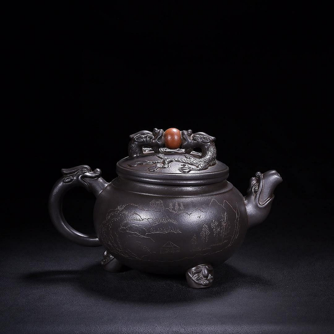 F*s様 中国茶器 朱泥 急須 龍把手 漢詩彫刻 徐漢棠 急須 茶注 漢詩 中国 宜興 朱泥 紫砂 古玩 唐物 茶器 煎茶器