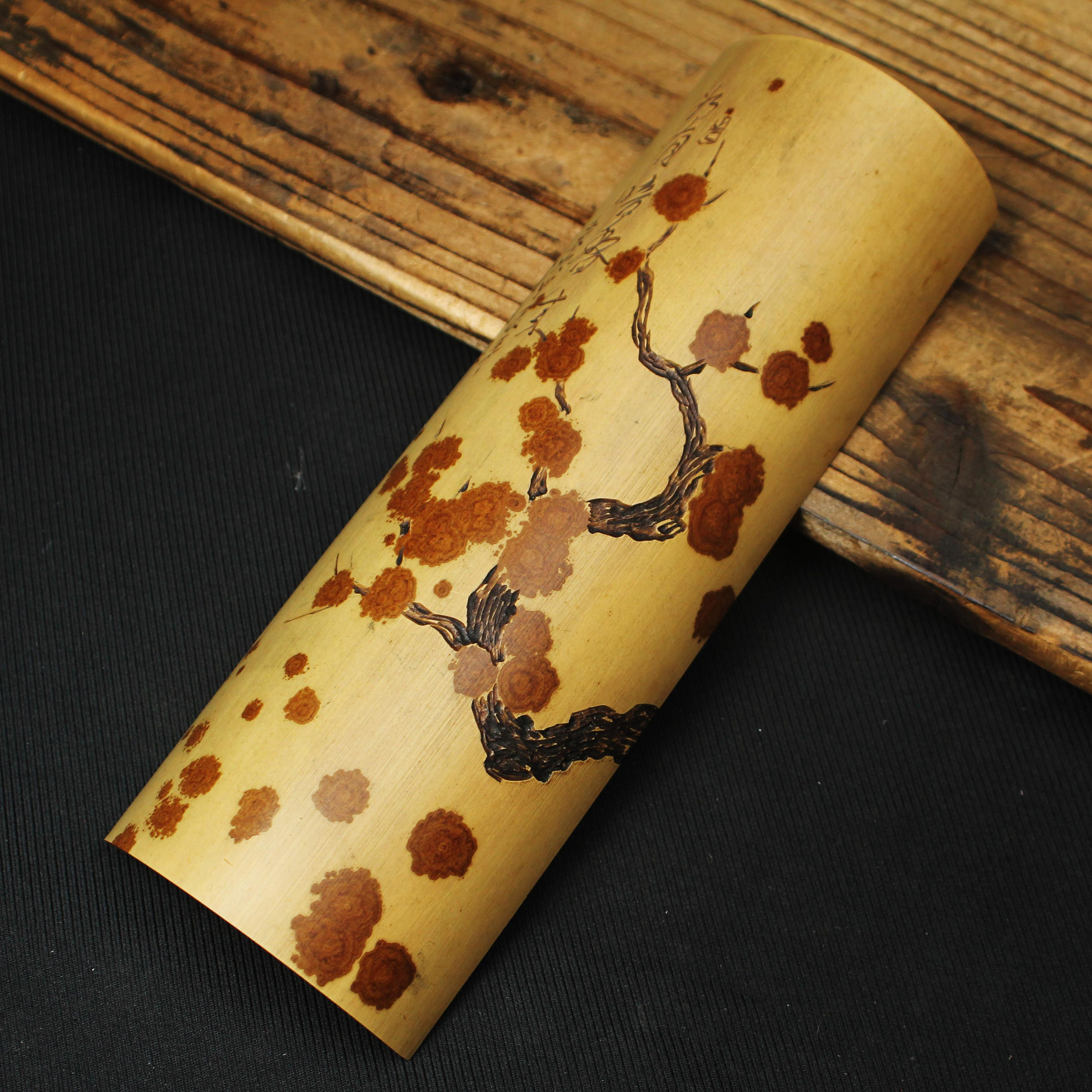 桑園の】高檔精品天然湘妃竹斑竹茶則職人純手雕紅梅為有暗香來嶺刻款Q