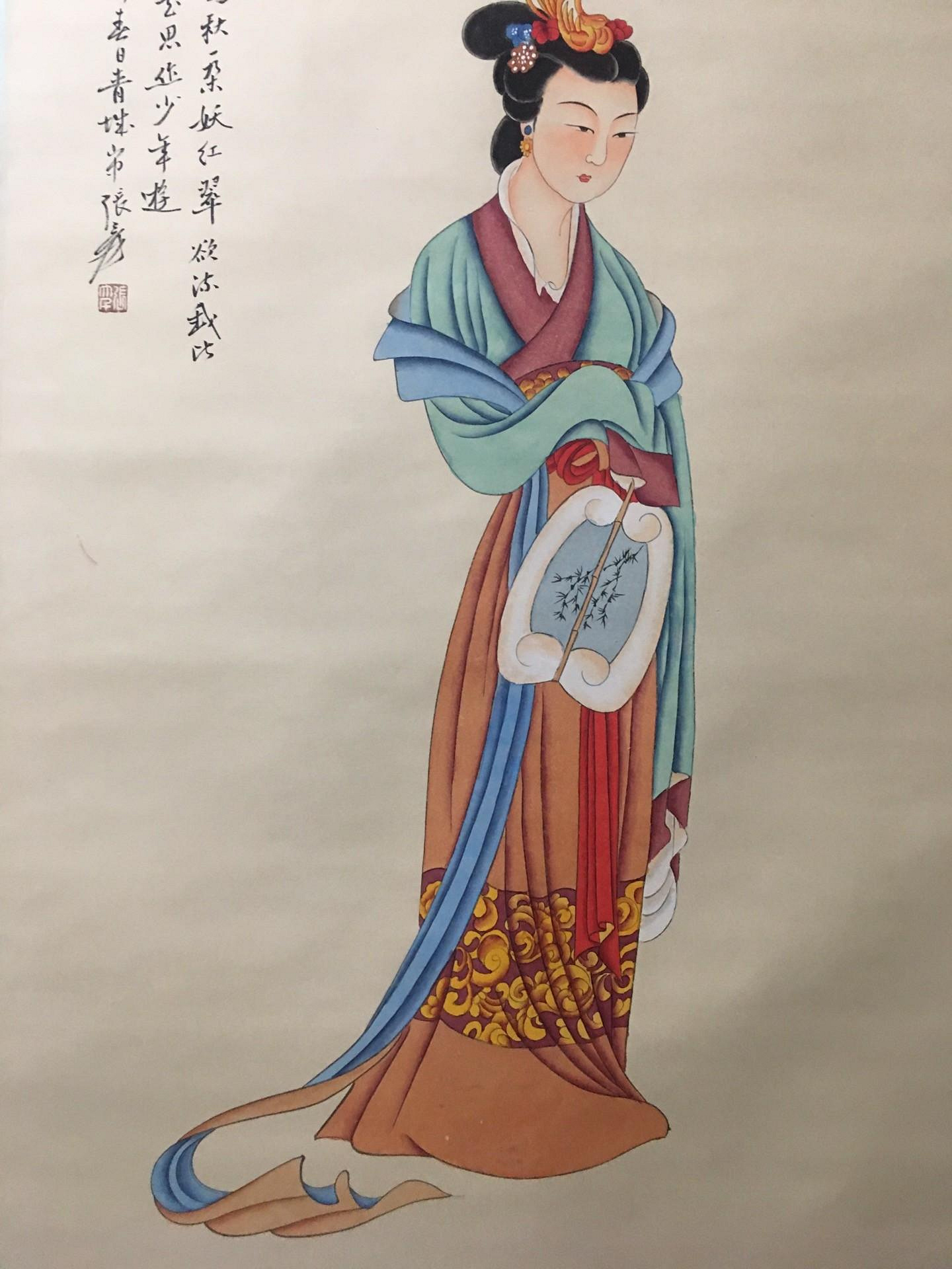 編號TR36四尺中堂畫，張大千的仕女圖，純手工繪畫，實物拍攝一物一圖