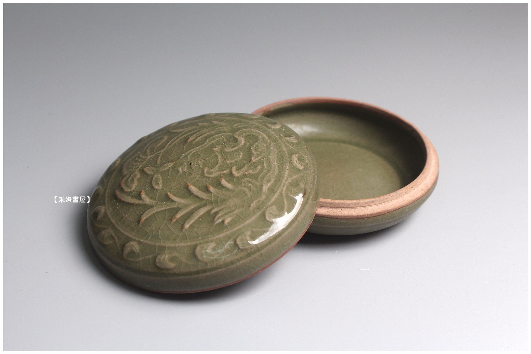 禾洛書屋】A.025宋耀州窯《青釉刻花草紋》(11cm)印泥盒/印缸/香盒/盤