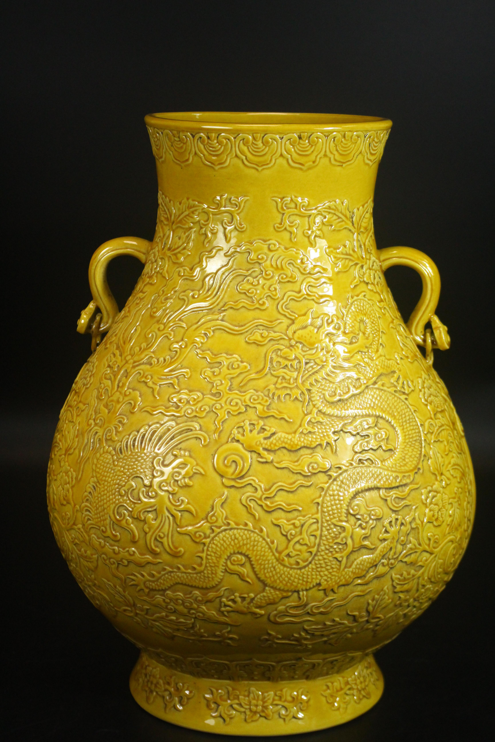 中国 骨董品 【大明成化年製 】黄交趾 龍鳳文 吉祥如意耳 壺 5fe24d08-db20-4bc5-b877-