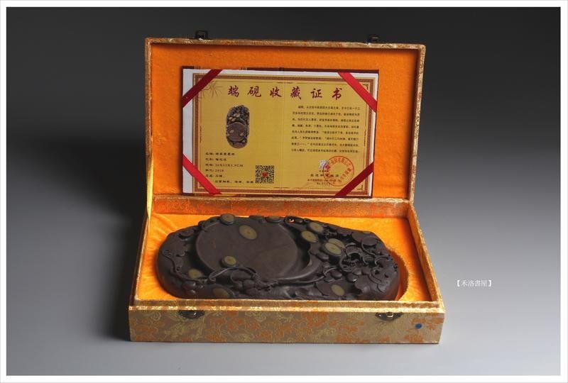 旧家蔵出『清 老坑端硯 麒麟送宝 太平有象文房套硯