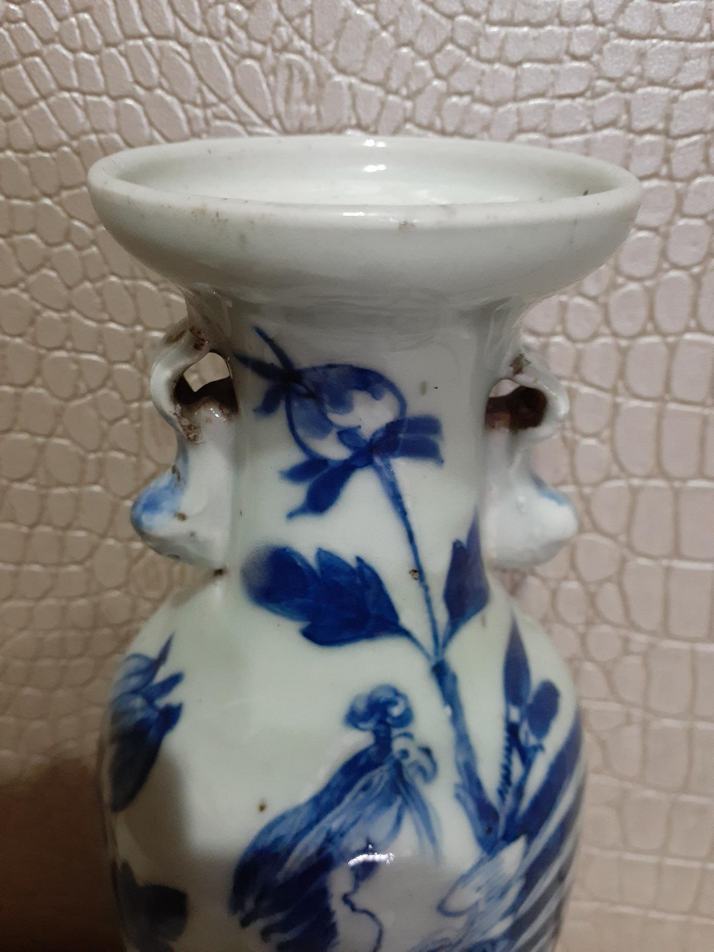 花瓶、中国、清時時代、成化款、豆腐款、 寒武紀文物~清代~豆青釉青花+白洞石牡丹鳳獅耳花瓶~j46 | Yahoo拍賣