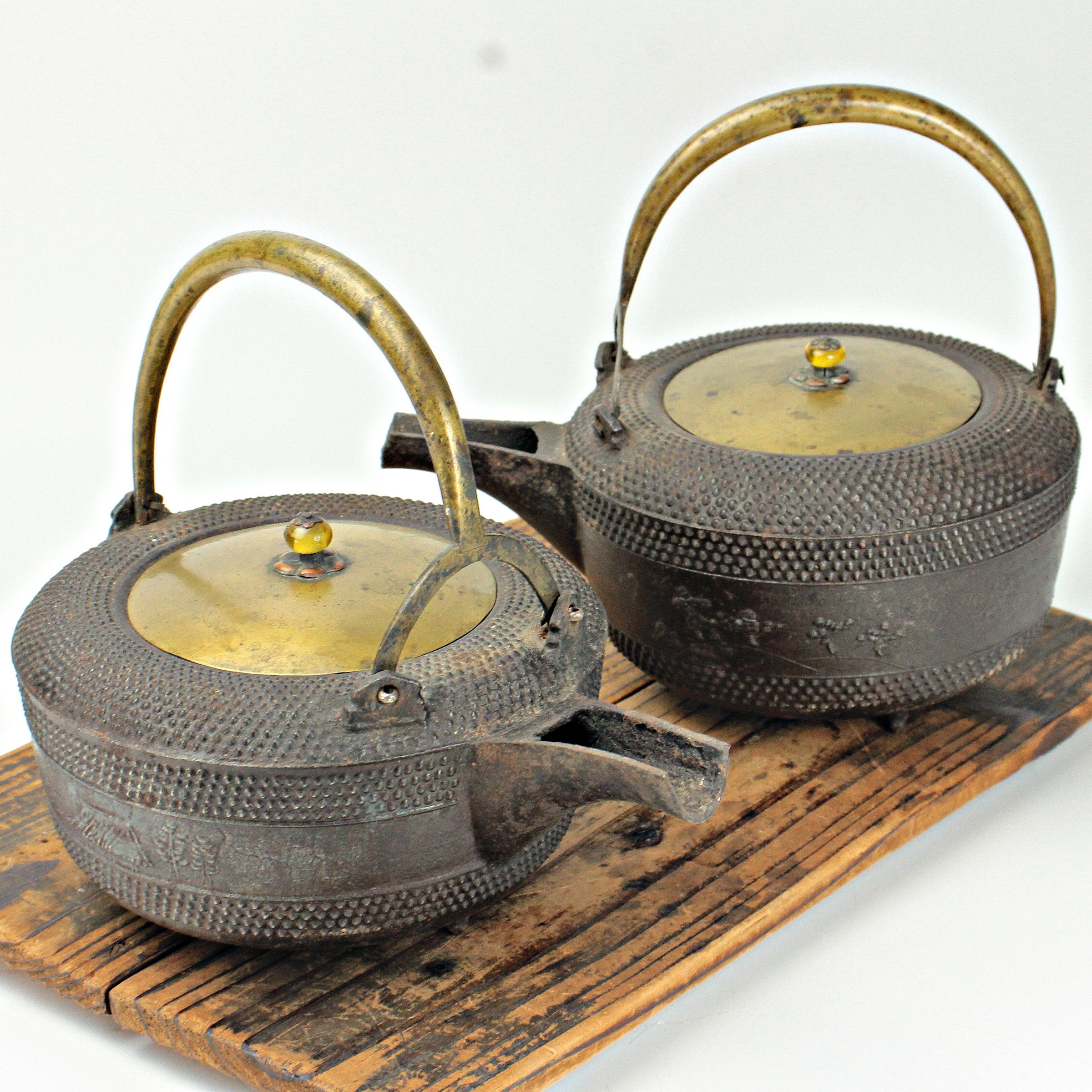 桑園の】日本茶道具銚子三足提樑壺鐵壺煮茶壺煎茶器兩件一拍J 9070