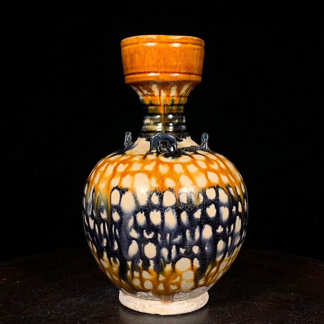 唐三彩四系瓶，高17.5直徑10.5cm 舊藏古董古玩【好運連連】-1144